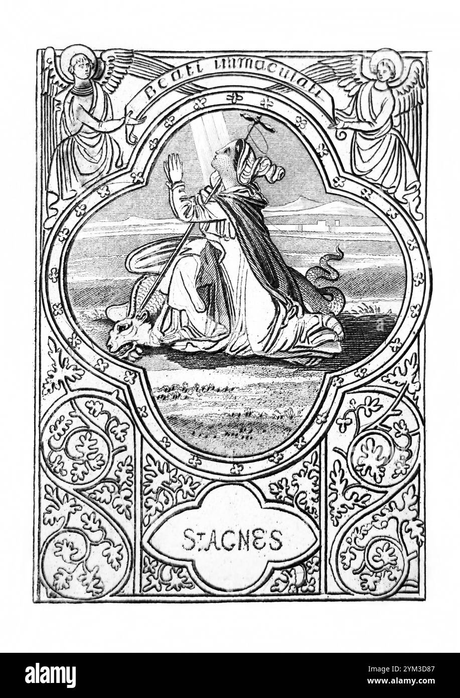 Illustrazione in bianco e nero di Sant'Agnese, Vergine martire del IV secolo, patrona delle ragazze, dal libro d'antiquariato le vite dei Padri, dei Martiri e. Foto Stock