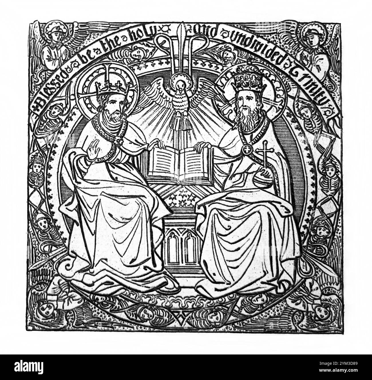 Illustrazione in bianco e nero della Santissima Trinità il padre, il figlio e lo Spirito Santo dal libro antico le vite dei Padri, dei Martiri e degli altri Princip Foto Stock