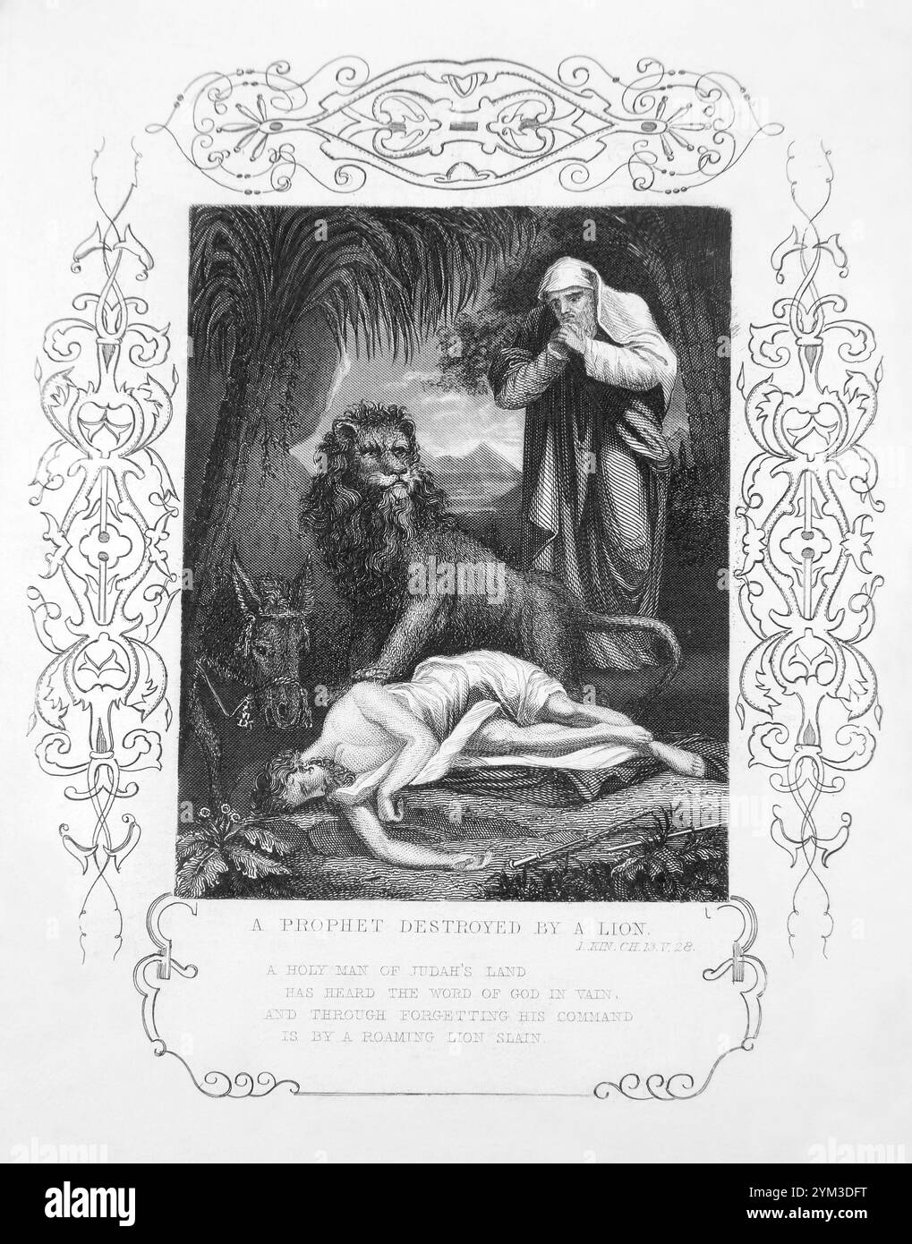 Incisione d'acciaio del disobbediente Profeta distrutto da un Leone (1 Re 13 V 28) con poema del 1851 Tallis Illustrated Scripture History for the Foto Stock
