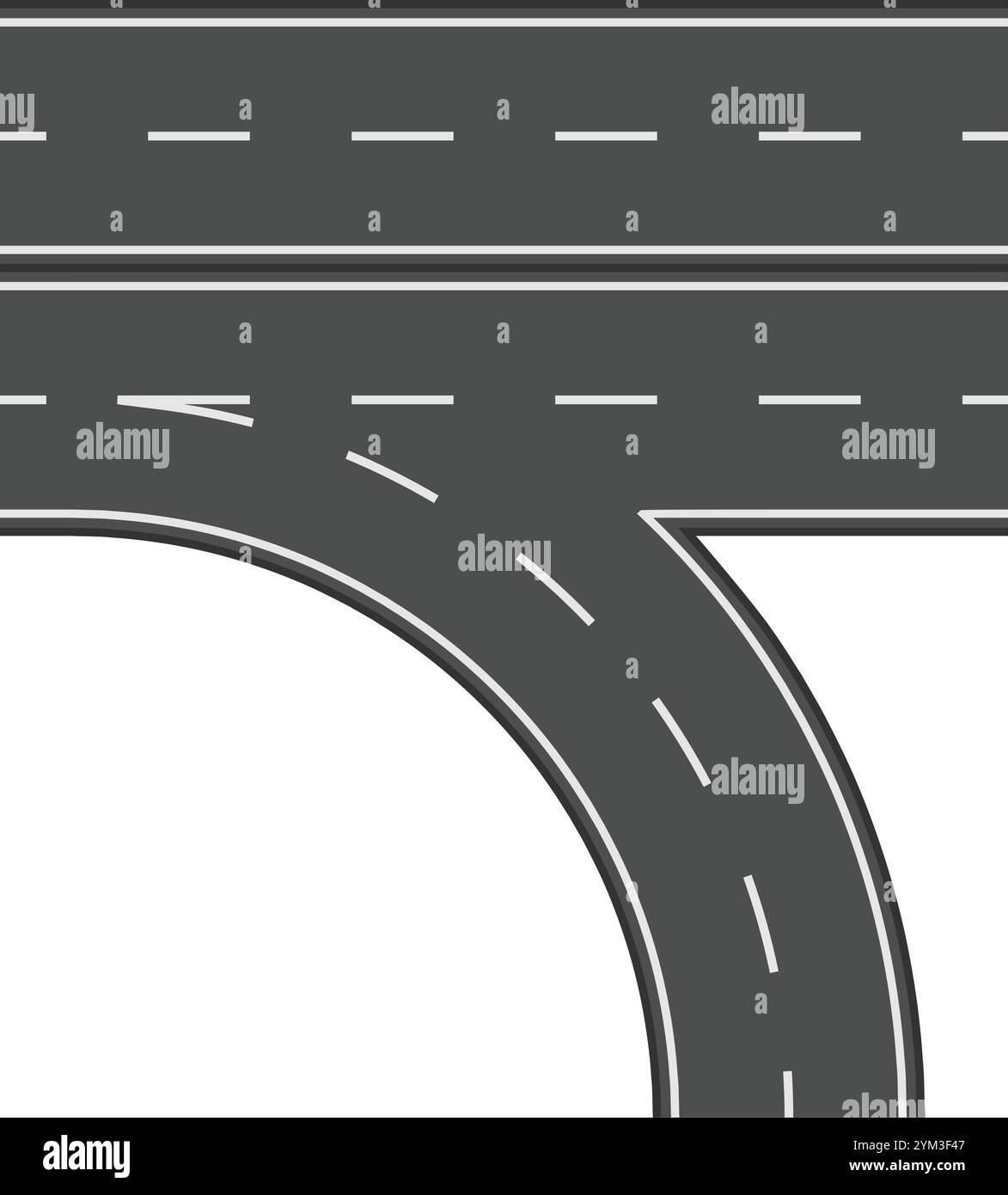 Autostrada dritta con una rampa di uscita che si piega verso il basso, formando un semicerchio, che rappresenta le infrastrutture stradali e i concetti di trasporto Illustrazione Vettoriale