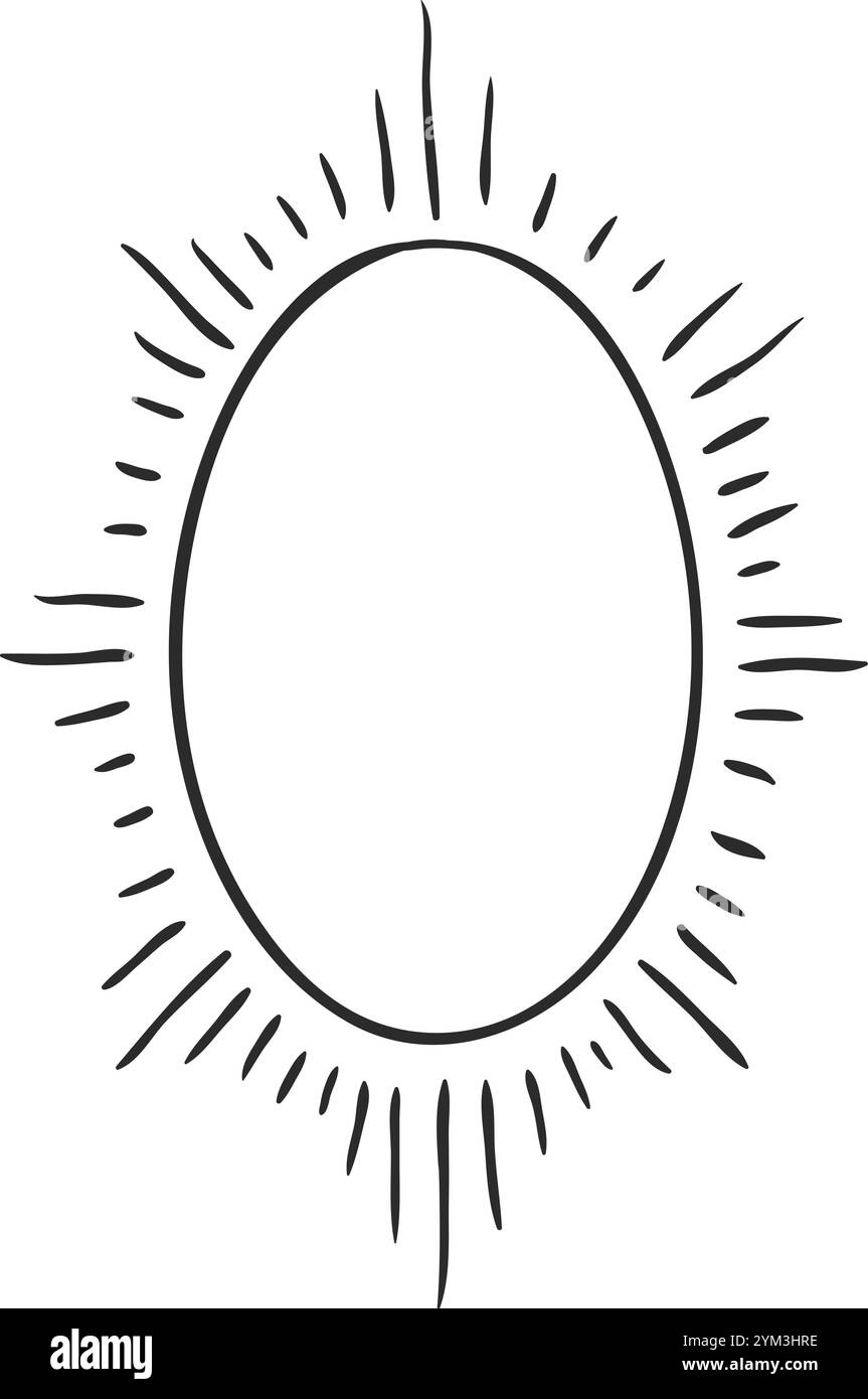 Telaio ovale disegnato a mano con raggi solari, perfetto per progetti di progettazione. Stile retrò in bianco e nero, versatile per la moda, il matrimonio e molto altro Illustrazione Vettoriale