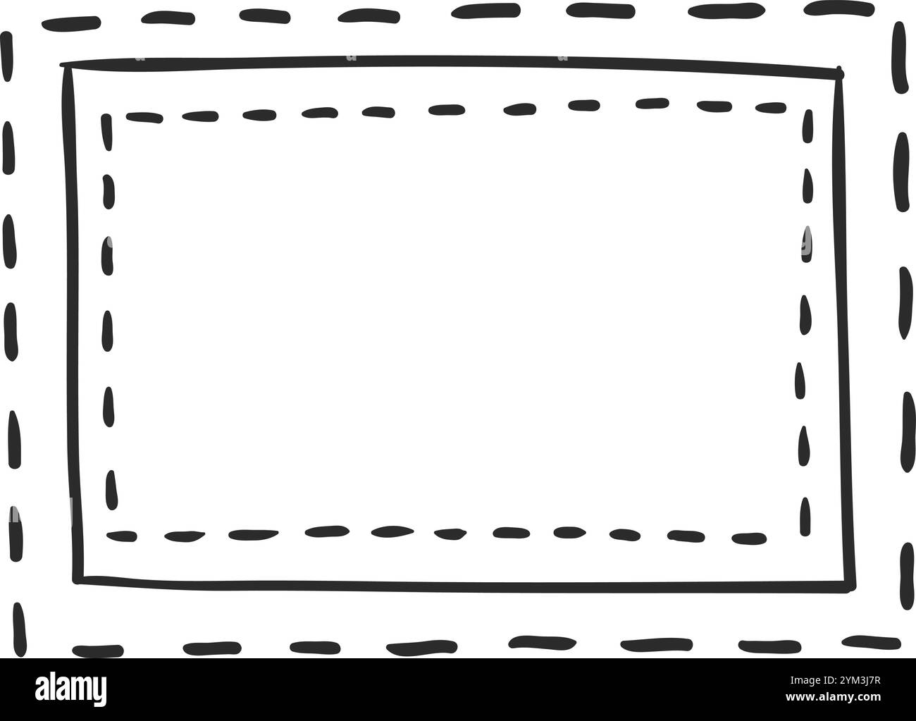 Semplice telaio rettangolare disegnato a mano con una combinazione di linee tratteggiate e continue, che offre un bordo visivamente accattivante per vari design Illustrazione Vettoriale