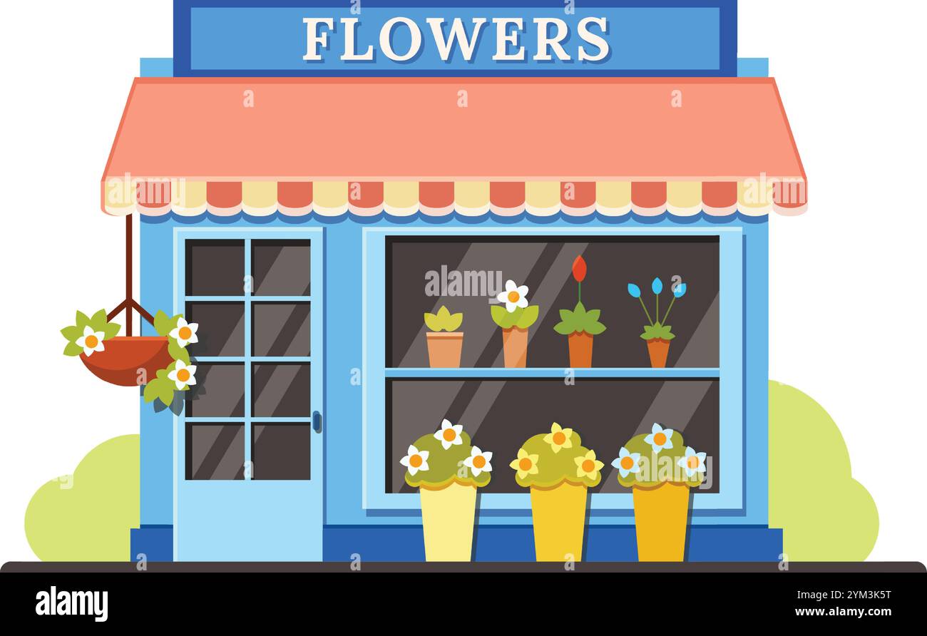 Piccolo negozio di fiori che vende piante colorate in fiore in vasi esposti sugli scaffali e sul marciapiede, cesto appeso con fiori, vettoriale Illustrazione Vettoriale