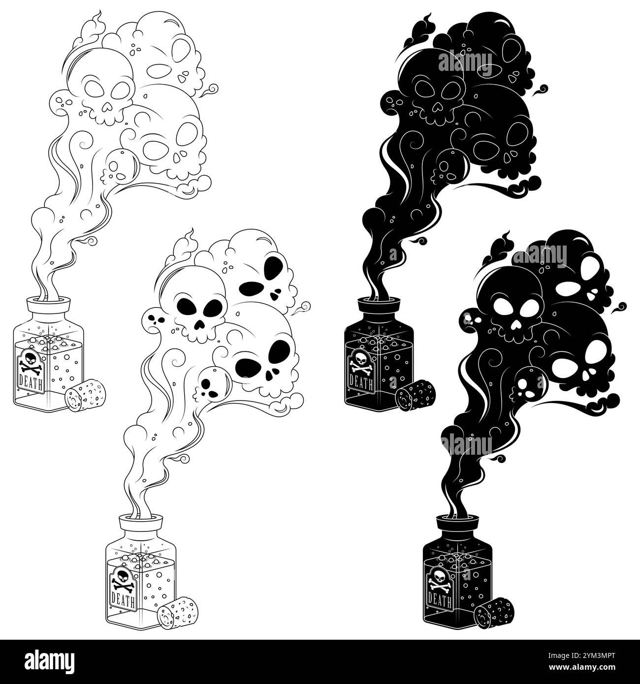 Bottiglia veleno in vetro con fumo tossico, contenitore veleno con sughero, bottiglia veleno Halloween con teschi Illustrazione Vettoriale