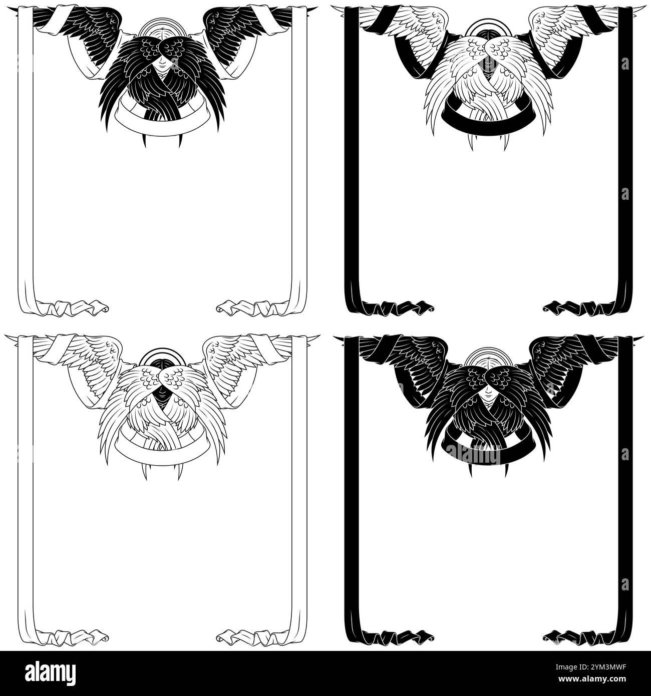 Angelo con sei ali e nastro, volto angelico della religione cattolica, arcangelo e circondato da pergamene celesti Illustrazione Vettoriale