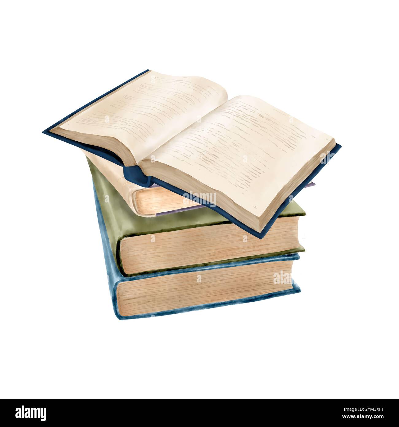 Una pila di libri con un libro aperto con pagine gialle. Illustrazione digitale acquerello. Vecchi libri impilati in una pila isolata su un backgroun bianco Foto Stock
