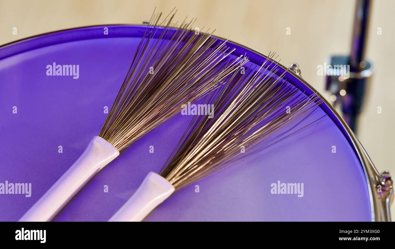 La scopa si attacca a una sneer con la luce viola del palco. Foto Stock La scopa si attacca a una sneer con la luce viola del palco. Foto Stock