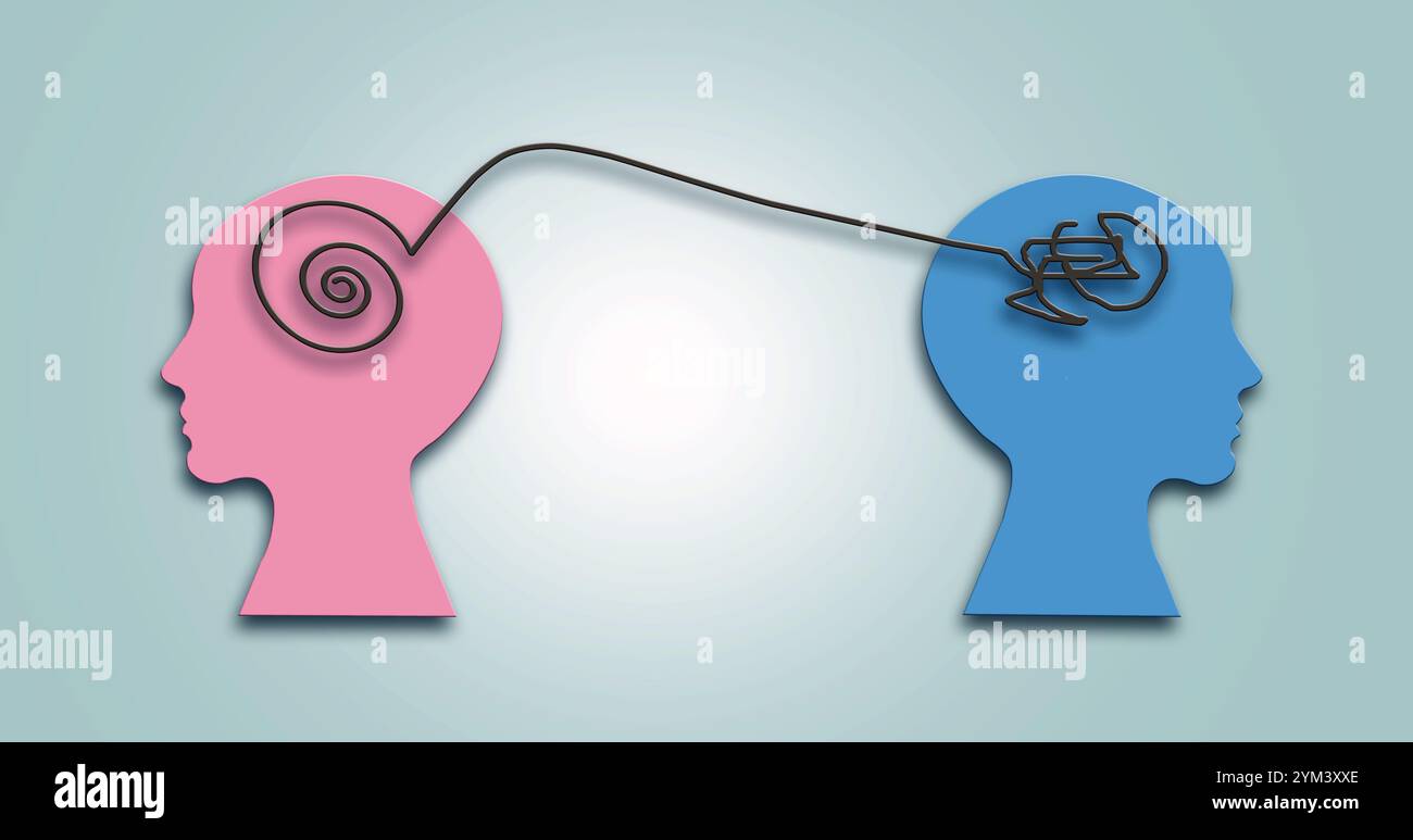 Salute mentale, concetto di disturbo cerebrale. Alzheimer e psicologia. Concetto di psicoterapia con testa umana, terapista e paziente. Foto Stock