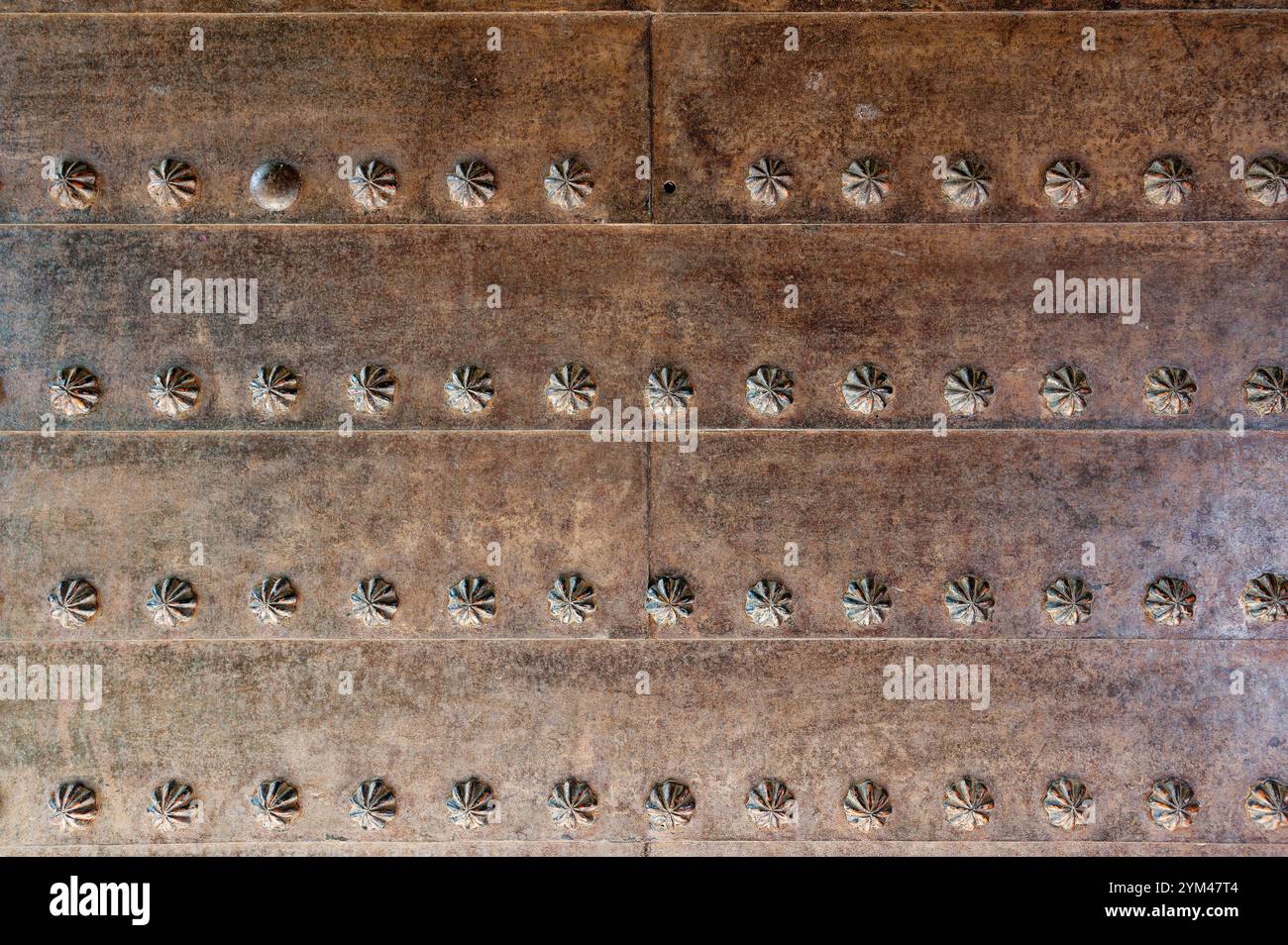 Primo piano di lavorazioni in metallo ornato su una porta dell'Alhambra, con intricati rivetti floreali Foto Stock