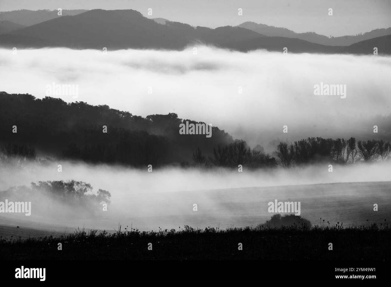 Foto in bianco e nero della nebbia mattutina autunnale dietro le colline Foto Stock