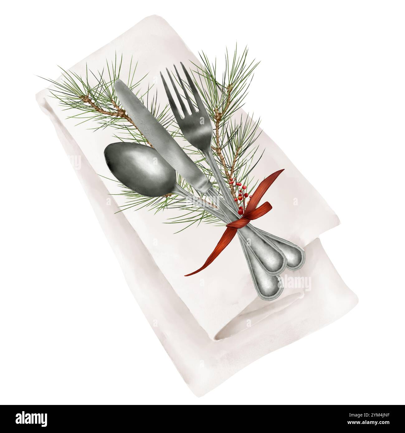 Cucchiaio, forchetta e coltello legati con nastro rosso. Illustrazione digitale acquerello. Il ramo di abete rosso di Capodanno per la composizione natalizia e il ristorante per le feste Foto Stock