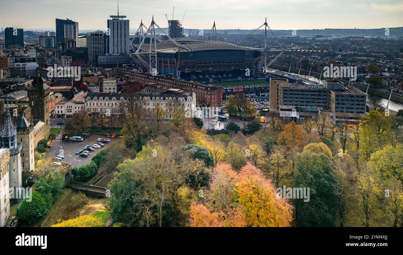 Vista aerea del Cardiff Arms Park e dello stadio di rugby del Principato con foglie autunnali colorate Foto Stock