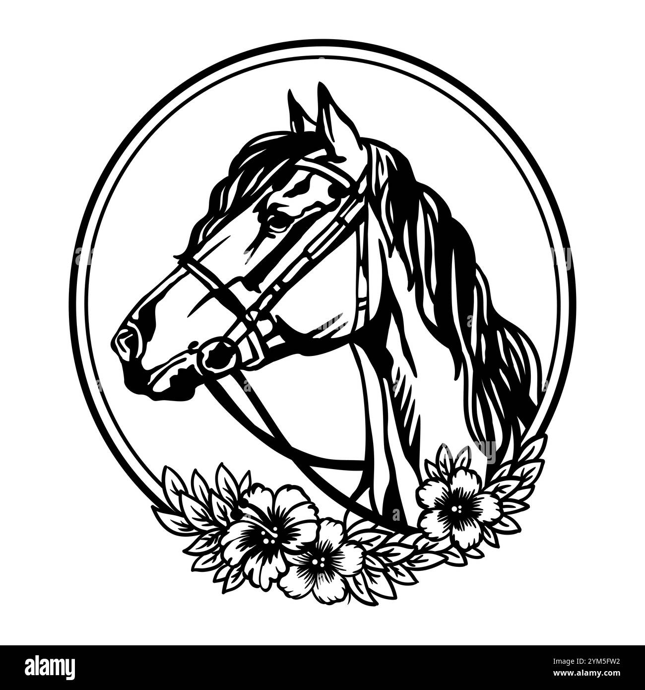 Testa di cavallo con fiori e foglie. Illustrazione vettoriale. Stile disegnato a mano. Modelli per taglio laser, progettazione di biglietti, interni e albero di Natale d Illustrazione Vettoriale