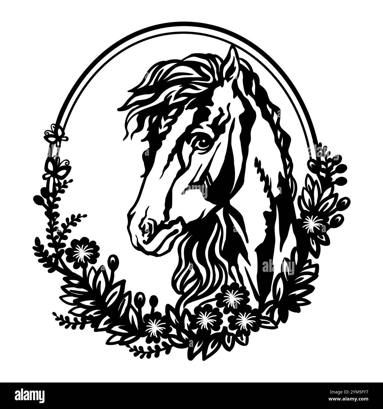 Testa di cavallo con fiori e foglie. Illustrazione vettoriale. Stile disegnato a mano. Modelli per taglio laser, progettazione di biglietti, interni e albero di Natale d Illustrazione Vettoriale