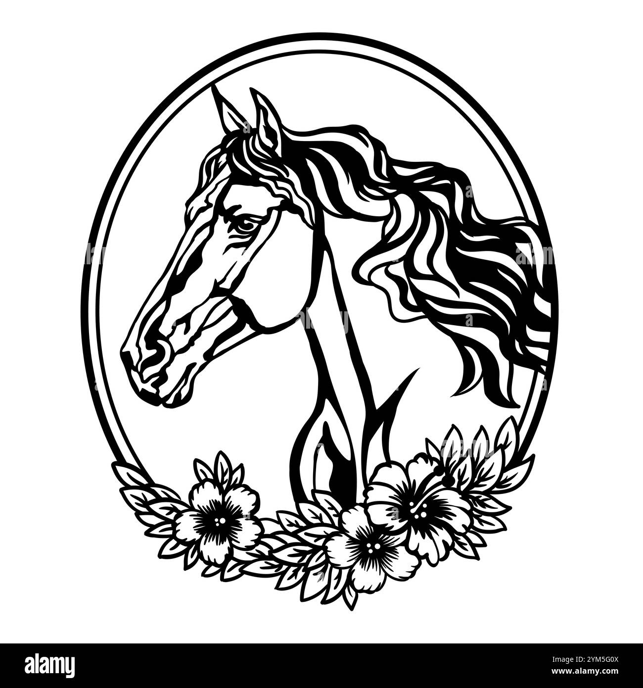 Testa di cavallo con fiori e foglie. Illustrazione vettoriale. Stile disegnato a mano. Modelli per taglio laser, progettazione di biglietti, interni e albero di Natale d Illustrazione Vettoriale