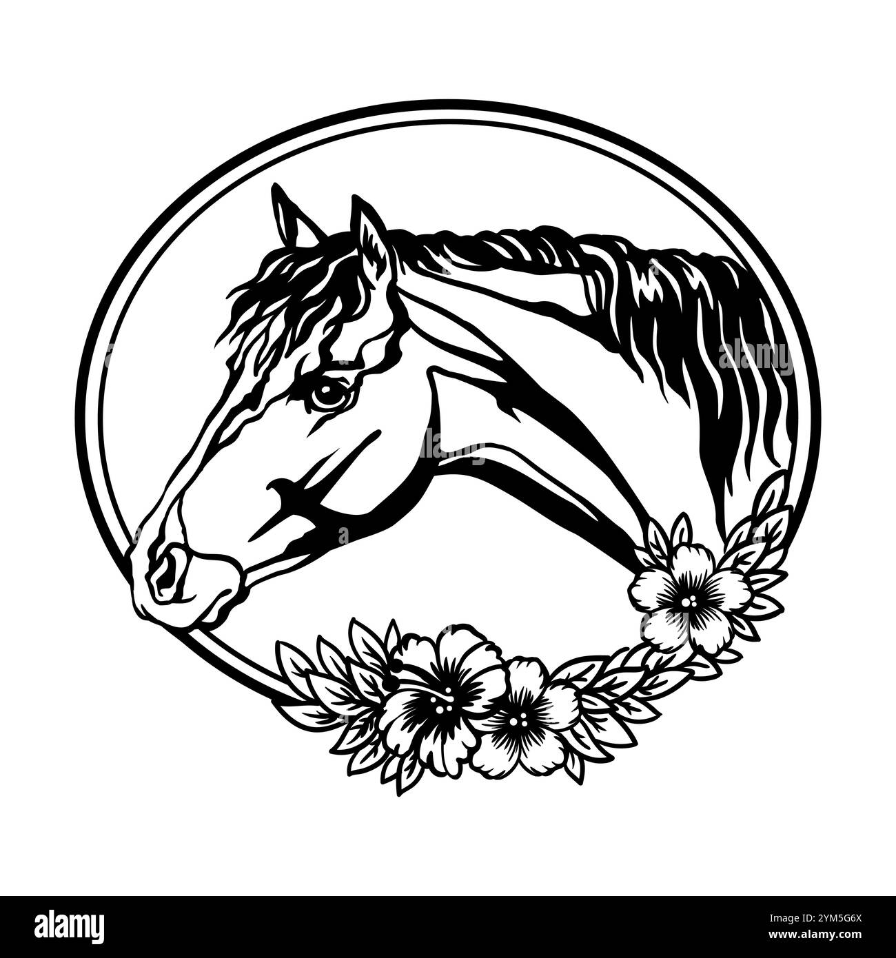 Testa di cavallo con fiori e foglie. Illustrazione vettoriale. Stile disegnato a mano. Modelli per taglio laser, progettazione di biglietti, interni e albero di Natale d Illustrazione Vettoriale