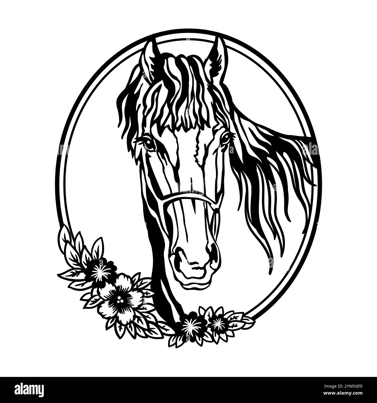 Testa di cavallo con fiori e foglie. Illustrazione vettoriale. Stile disegnato a mano. Modelli per taglio laser, progettazione di biglietti, interni e albero di Natale d Illustrazione Vettoriale