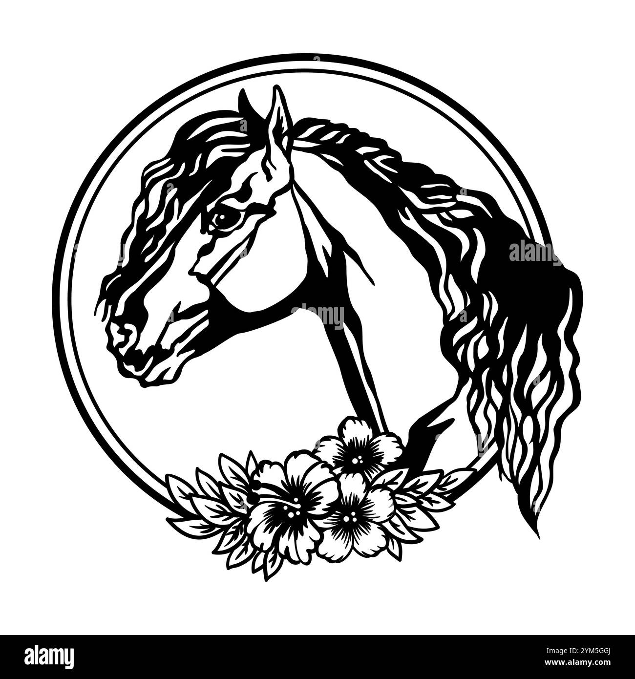 Testa di cavallo con fiori e foglie. Illustrazione vettoriale. Stile disegnato a mano. Modelli per taglio laser, progettazione di biglietti, interni e albero di Natale d Illustrazione Vettoriale