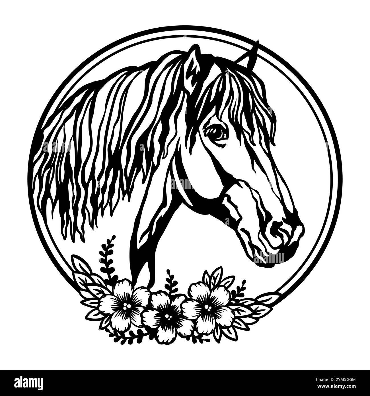 Testa di cavallo con fiori e foglie. Illustrazione vettoriale. Stile disegnato a mano. Modelli per taglio laser, progettazione di biglietti, interni e albero di Natale d Illustrazione Vettoriale