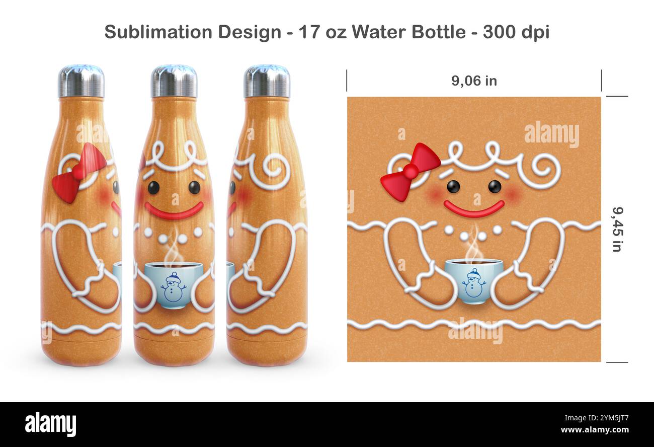 Divertente "Christmas Gingerbread". Modello di sublimazione senza cuciture per bottiglia d'acqua da 17 once. Illustrazione della sublimazione. Senza cuciture da bordo a bordo. Flacone pieno con Foto Stock