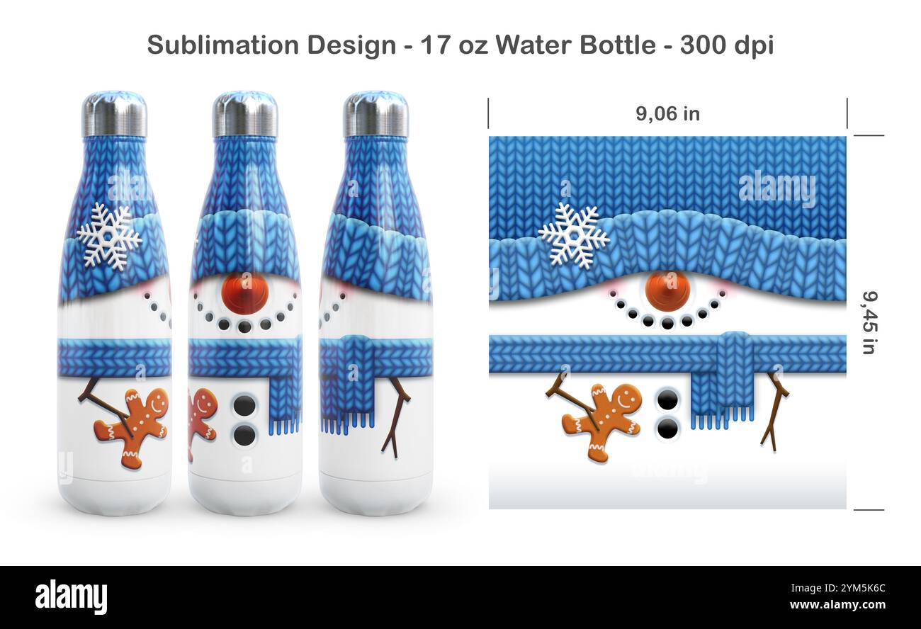 Divertente pupazzo di neve natalizio. Modello di sublimazione senza cuciture per bottiglia d'acqua da 17 once. Illustrazione della sublimazione. Senza cuciture da bordo a bordo. Confezione completa. Foto Stock