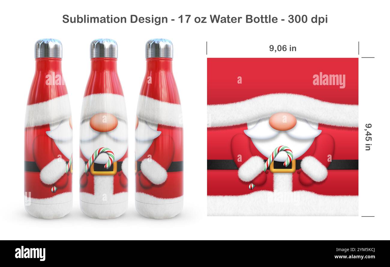 Natale divertente Babbo Natale. Modello di sublimazione senza cuciture per bottiglia d'acqua da 17 once. Illustrazione della sublimazione. Senza cuciture da bordo a bordo. Flacone pieno con Foto Stock