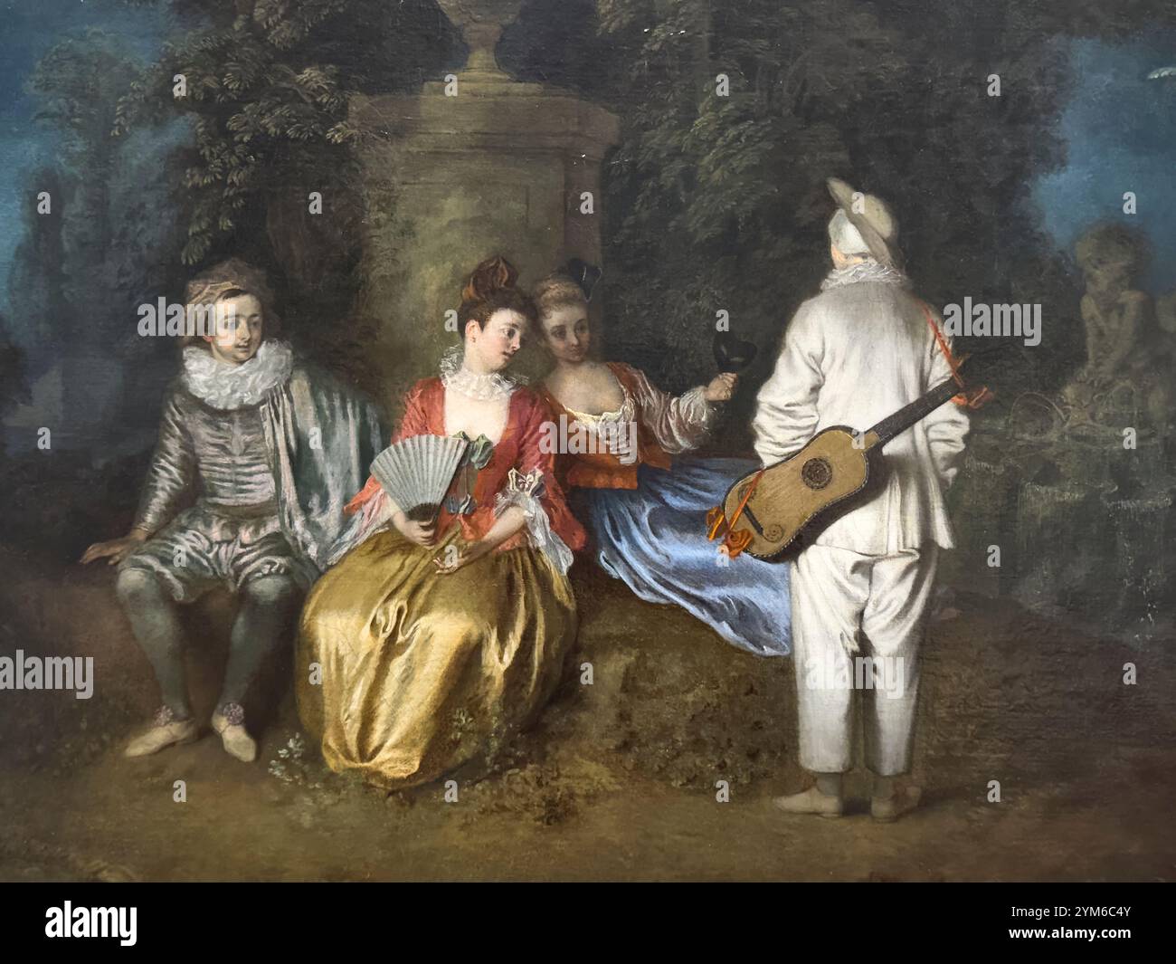 Il quattro di Jean Antoine Watteau. Una somiglianza di Pierrot the Clown con una chitarra. Al Legion of Honor Art Museum di San Francisco, California. Foto Stock