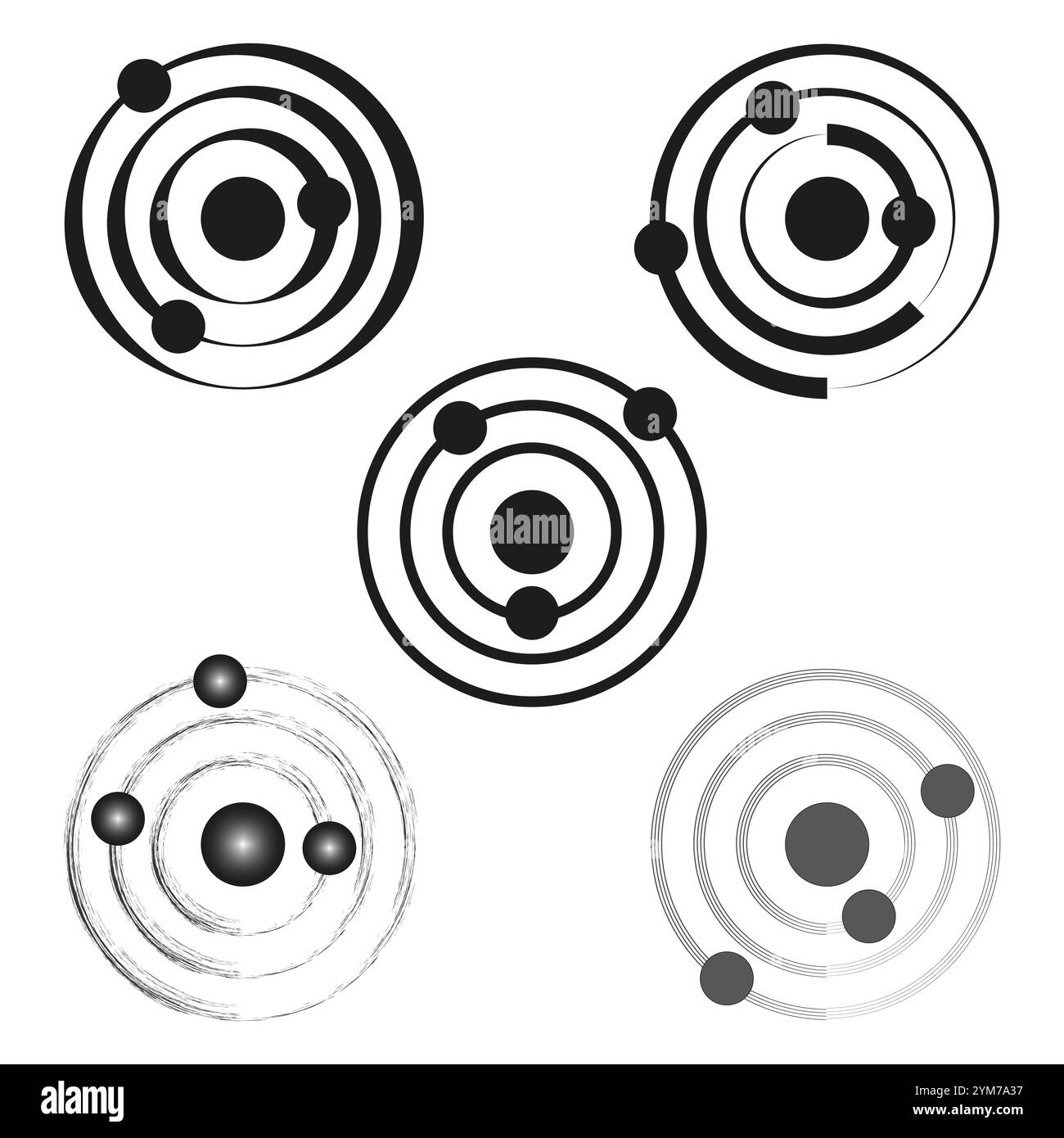 Illustrazione dei simboli Atom. Icone dell'orbita degli elettroni. Concetto di scienza e fisica. Particelle vettoriali. Illustrazione Vettoriale