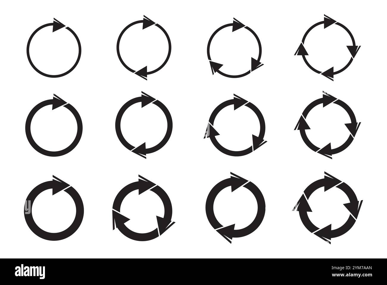 Icona frecce circolari. Simbolo di flusso rotante. Grafico freccia di riciclo. Design vettoriale nero. Illustrazione Vettoriale