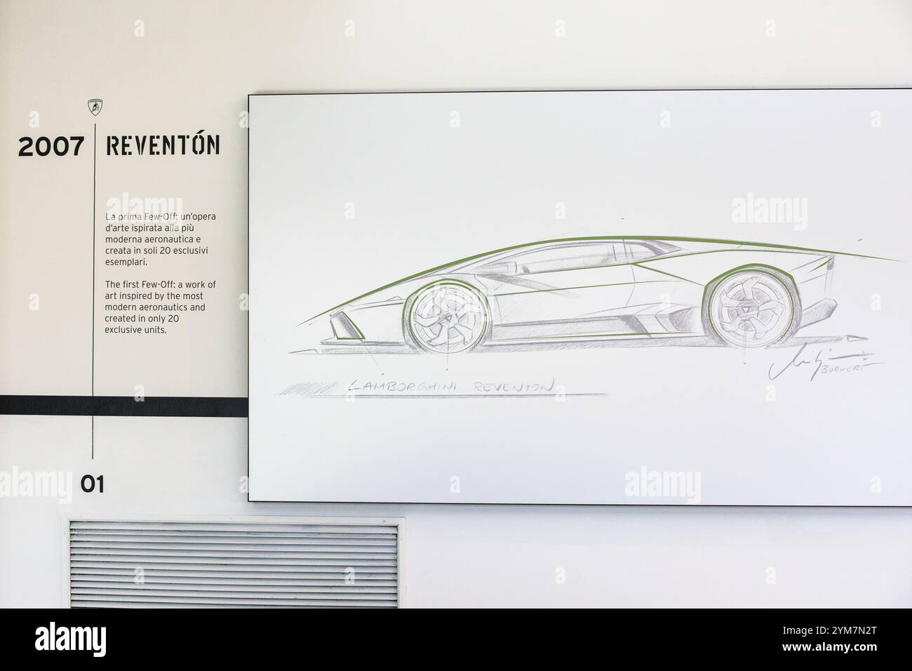 30 agosto 2024, Sant'Agata Bolognese, Emilia-Romagna, Italia: Lamborghini Reventon disegno di Lamborghini capo progettista; Mitja Borkert visto al Museo Lamborghini di Sant'Agata Bolognese, Italia. Automobili Lamborghini S.p.A. è un'azienda italiana produttrice di auto sportive e SUV di lusso con sede a Sant'Agata Bolognese. La mostra Museo automobili Lamborghini presenta le più belle auto progettate e costruite a Sant'Agata Bolognese: Dalle auto storiche alle più recenti supersportive, fino alle edizioni limitate e alla serie una tantum. Automobili Lamborghini S.p.A. è una manifattura italiana Foto Stock