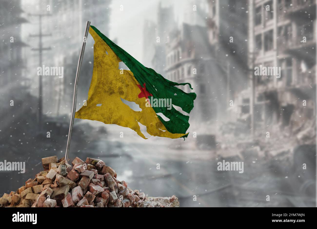 Bandiera sporca e strappata della Guyana francese, simbolo di resistenza e vittoria. Una scena di guerra e devastazione, le rovine di una città distrutta dai conflitti. 3D re Foto Stock