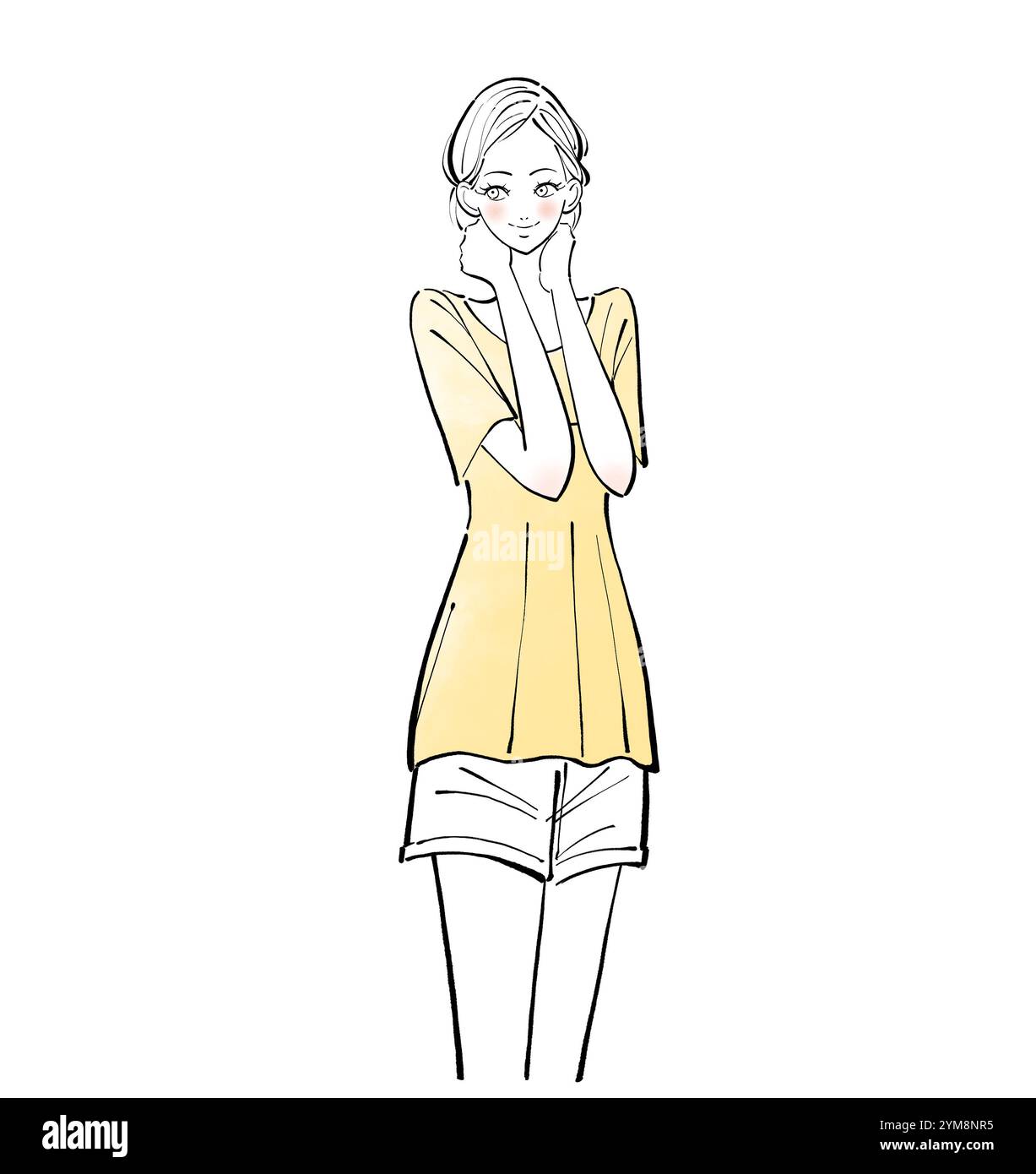 Donna dopo aver lavato il viso con la mano sul collo Foto Stock