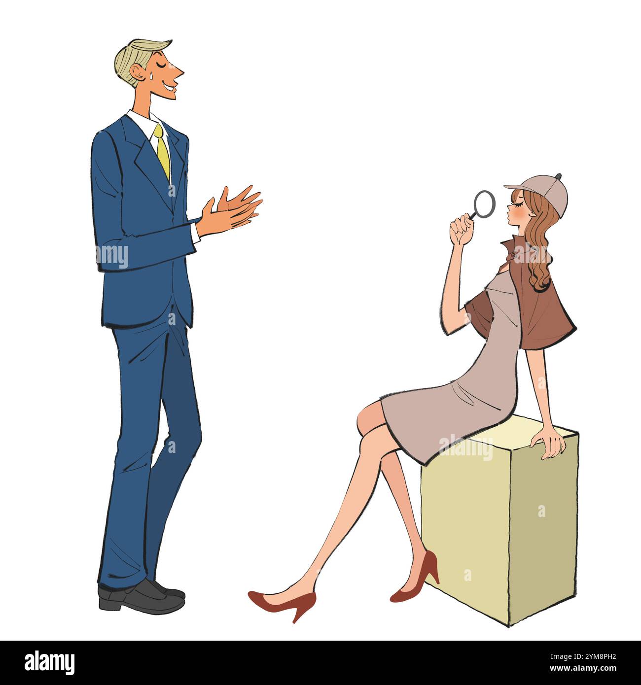 Donna che ascolta con sospetto un uomo che fa scuse Foto Stock