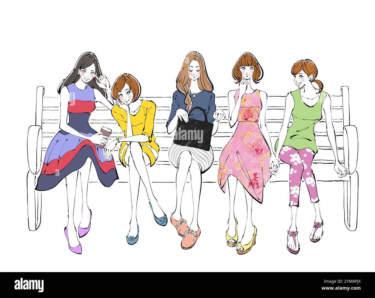 Illustrazione di ragazze sedute su una panchina che chiacchierano Foto Stock