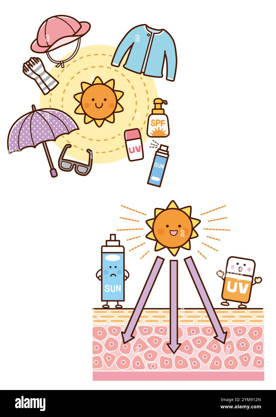 Il sole e la protezione solare, la pelle abbronzante Foto Stock