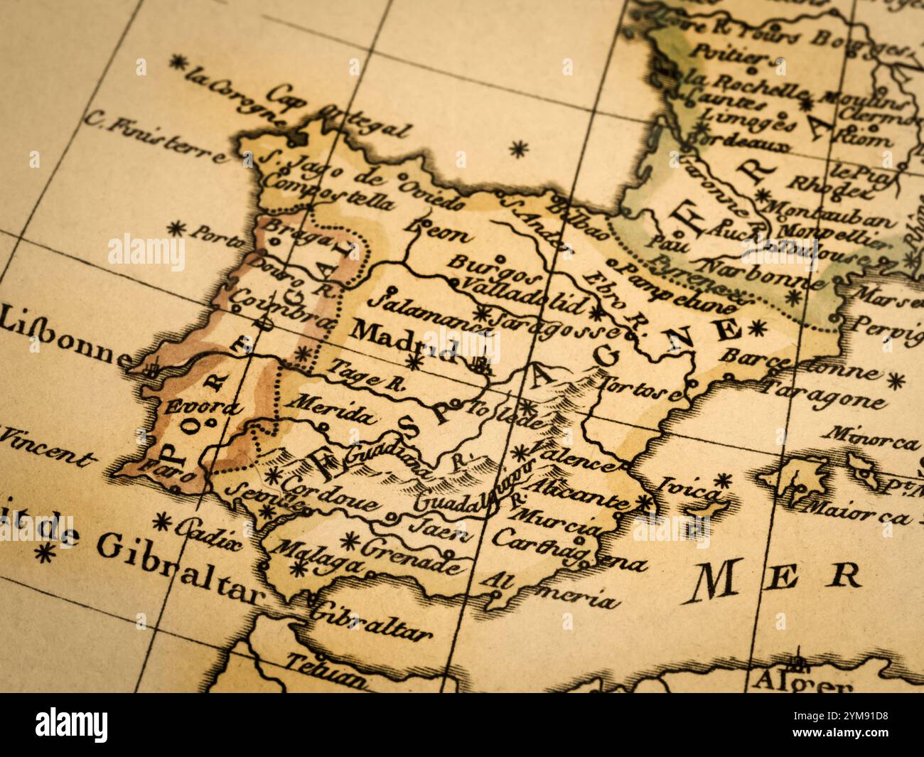 Vecchia mappa della penisola iberica Foto Stock