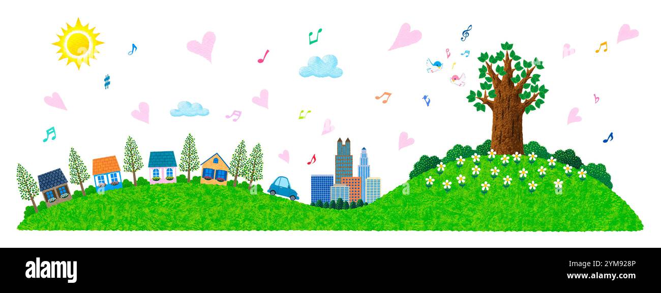 Città collinare con grandi alberi Foto Stock