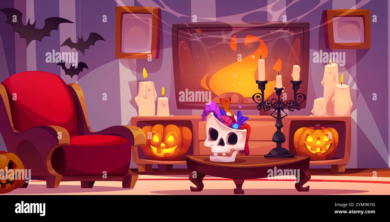 Accogliente camera interna di Halloween con poltrona rossa, jack o lanterne illuminati, teschio con dolcetti su un tavolo antico, candele accese. Video del caminetto sullo schermo TV, pipistrelli scuri e passaggio del Web sopra Illustrazione Vettoriale
