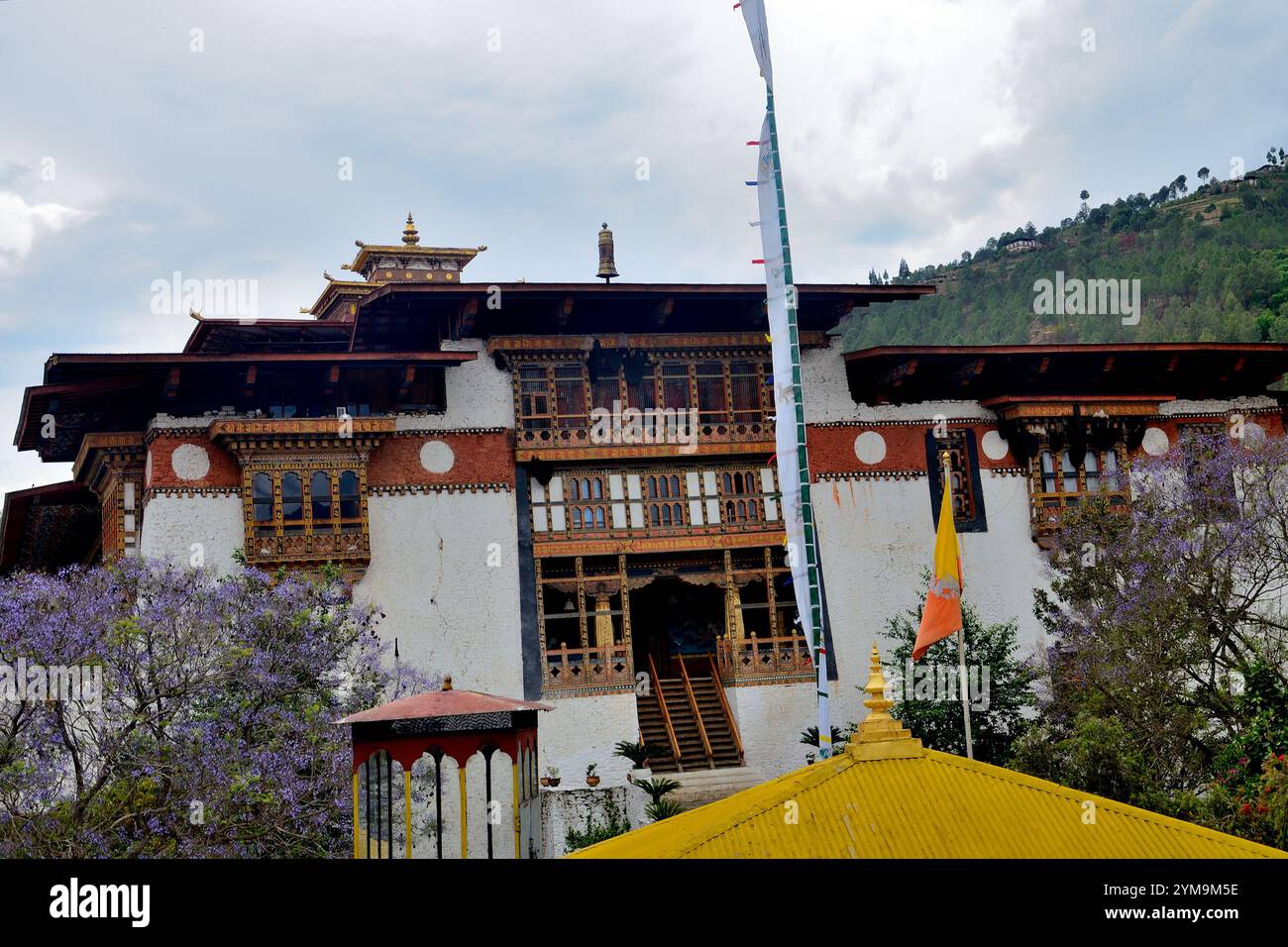 Vista parziale del Punakha Dzong, noto anche come Pungtang Dechen Photrang Dzong, situato nella valle Punakha-Wangdue, Punakha, Bhutan Foto Stock