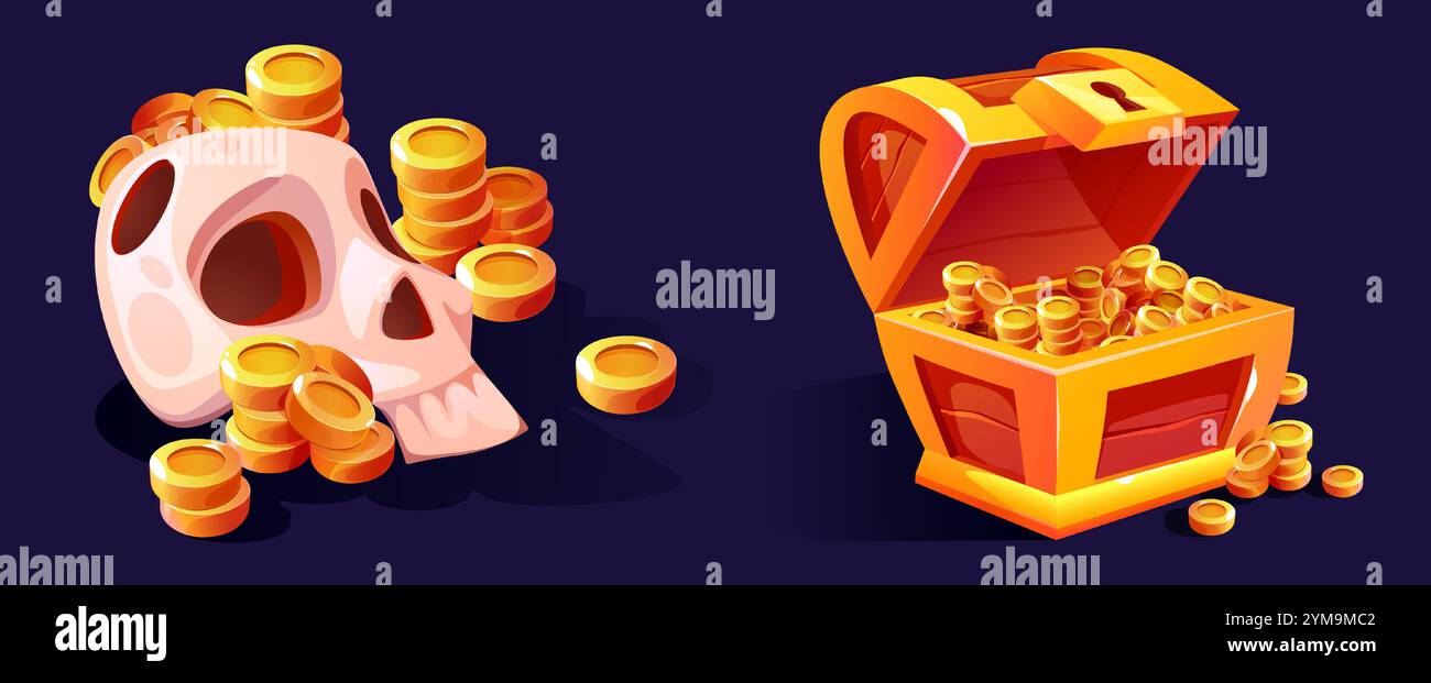 Cassa di legno aperta piena di splendenti tesori e teschio circondata da monete d'oro sparse. Ambientazione mistica oscura con design a tema pirata per ricompense di gioco o elementi di interfaccia avventura. Illustrazione Vettoriale