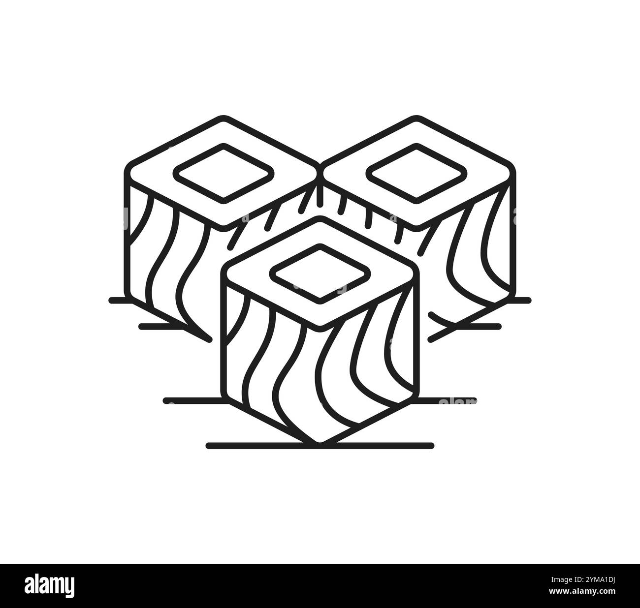 Pesce di salmone e carne icona di sushi per la cucina giapponese, vettore lineare. Sushi a base di pesce salmone o rotoli quadrati di maki e hosomaki con pesce per menu di cucina giapponese o icone della ricetta Illustrazione Vettoriale