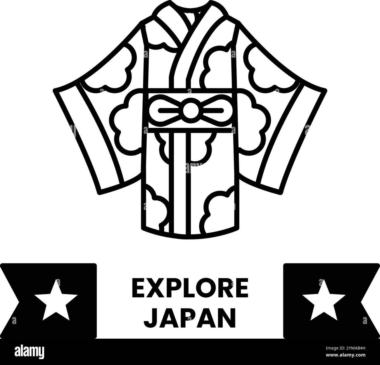 Un kimono bianco e nero con un fiocco. Il kimono viene dal Giappone Illustrazione Vettoriale