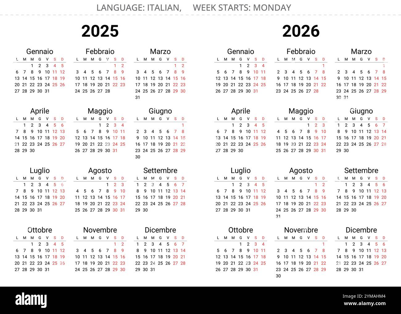 calendari italiani 2025 e 2026 (calendario italiano). Serie di anni di illustrazione vettoriale modificabile semplice per l'Italia Illustrazione Vettoriale