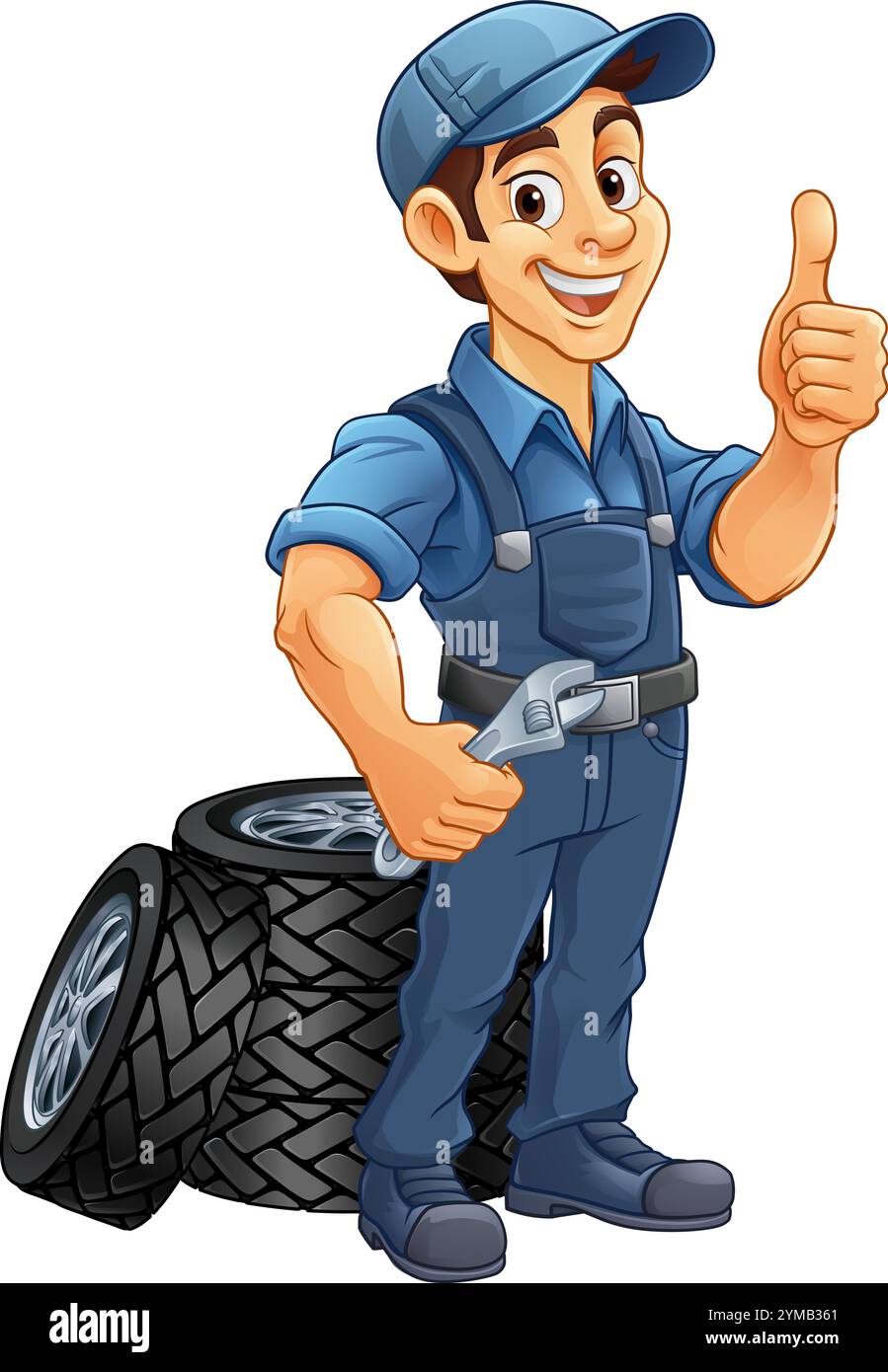 Pneumatico pneumatico meccanico per l'assistenza auto Mascotte Cartoon Man Illustrazione Vettoriale