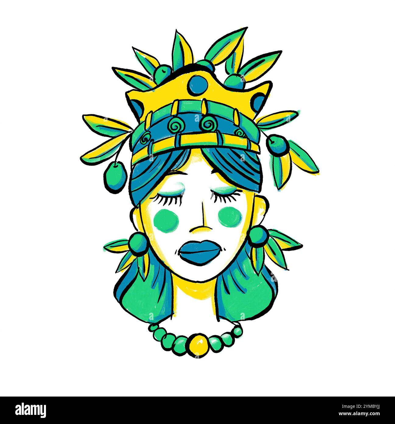 Illustrazione stilizzata ispirata ai tradizionali vasi ceramici siciliani con testa in Moro con elementi decorativi in turchese e giallo Foto Stock