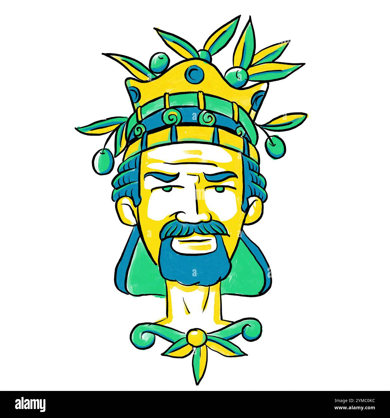Ritratto maschile stilizzato ispirato alle tradizionali ceramiche siciliane con corona ornata e barba decorata Foto Stock