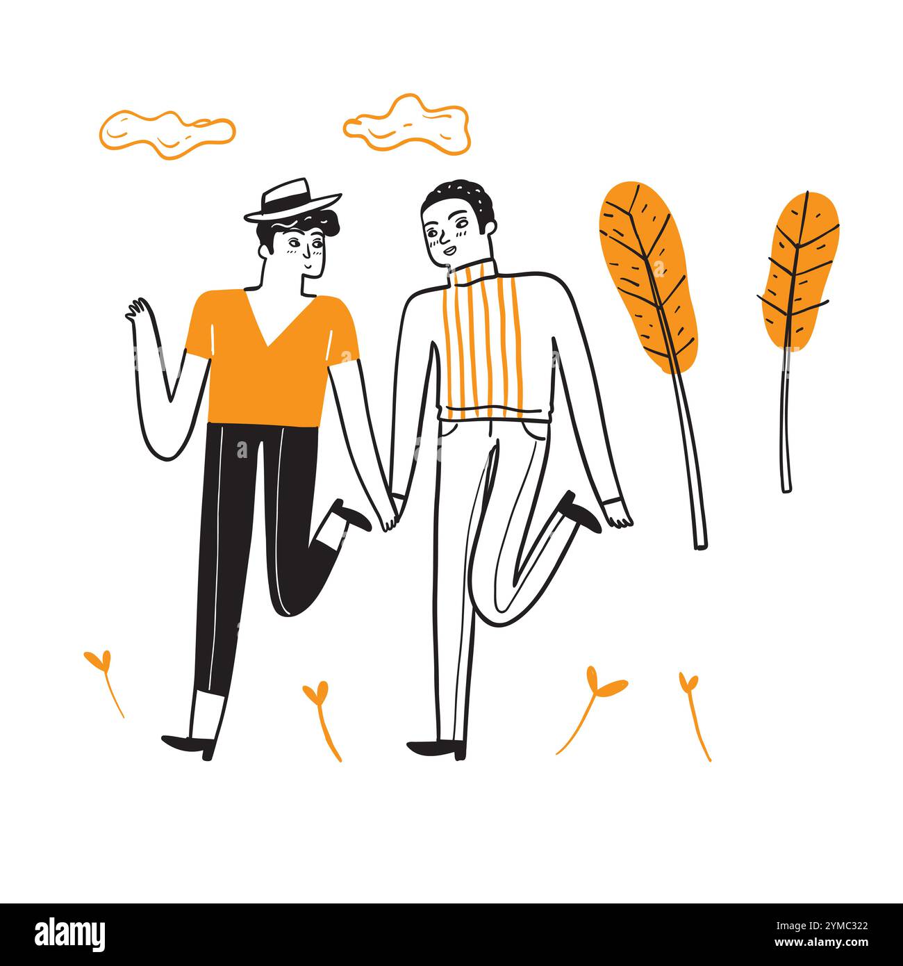 Coppie omosessuali che celebrano l'amore, la proposta, camminare, tenersi per mano. Giorno delle valenze gay, matrimonio. Famiglia LGBT, orgoglio, relazioni, fidanzato romantico, Illustrazione Vettoriale