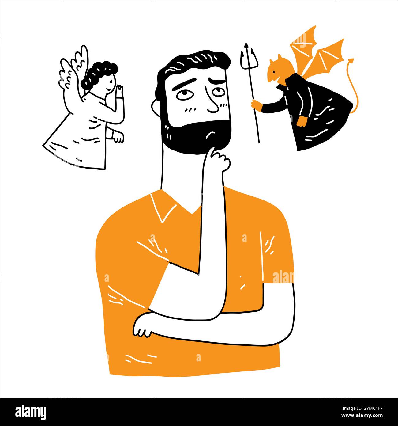 Il demone, buono e cattivo, sta parlando con un uomo preoccupato. Illustrazione Vettoriale