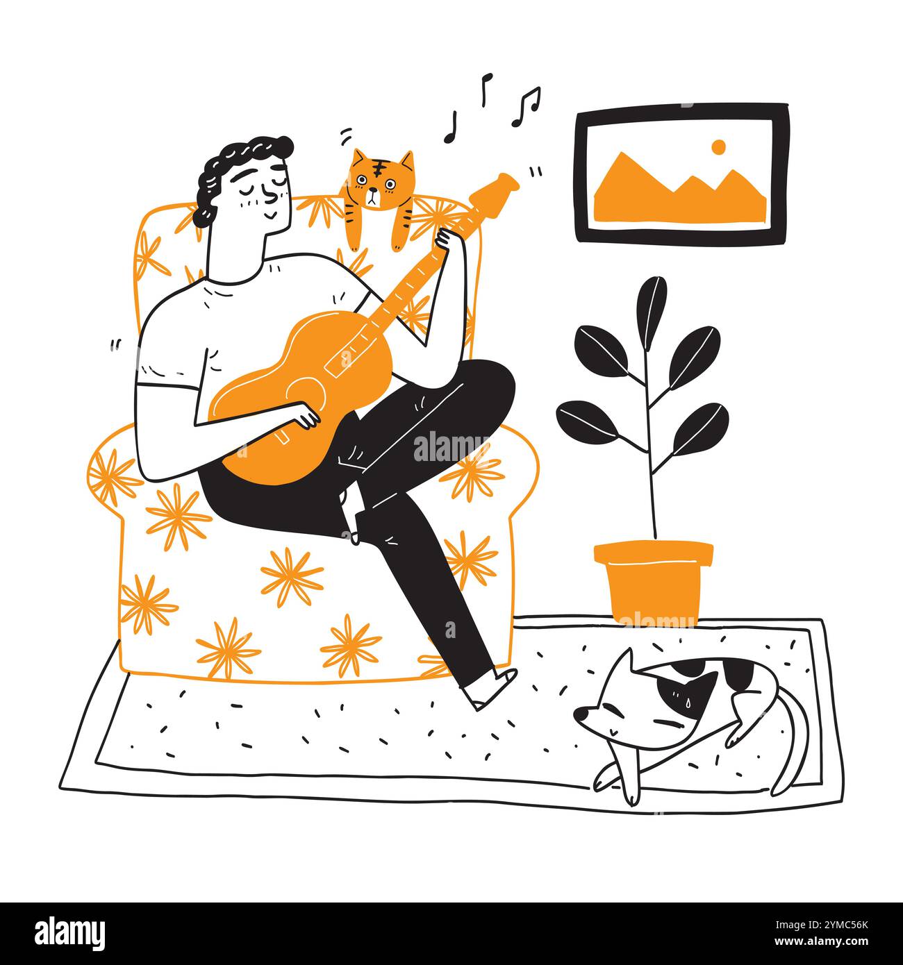Giovane felice che suona la chitarra sul divano e si rilassa con animali, gatti e cani. Illustrazione del vettore di disegno a mano. Illustrazione Vettoriale