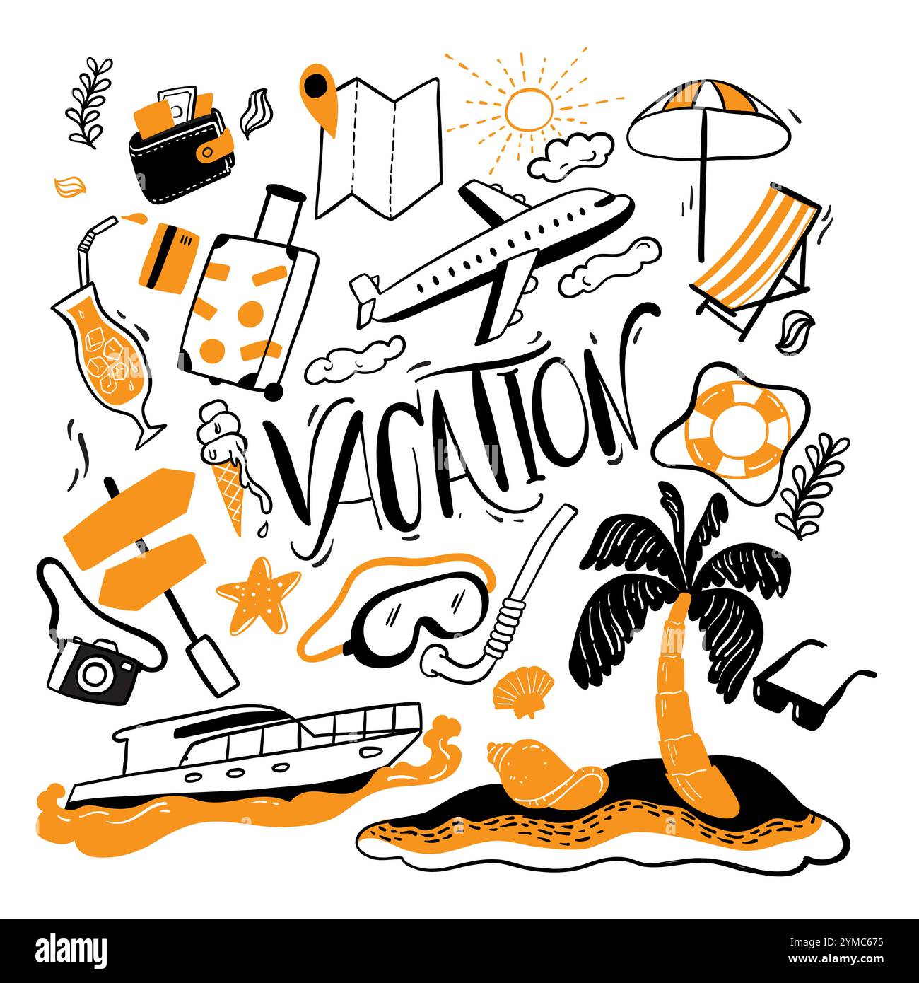 Raccolta di turismo d'avventura, viaggi all'estero, vacanze estive, disegno a mano l'elemento della vacanza con stile doodle Illustrazione Vettoriale
